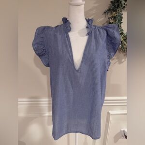 H&M Navy Striped Ruffle Sleeve Blouse NWT size L